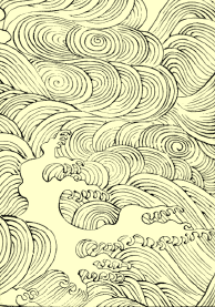 Japanese waves and clouds pen and ink drawing